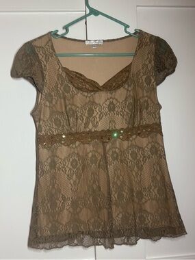 Y2K Moa Moa Mesh Empire Waist Top Beige Embroidered Short Sleeve Blouse Large